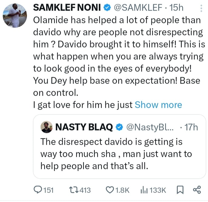 Samklef on why Davido faces disrespect despite his generosity