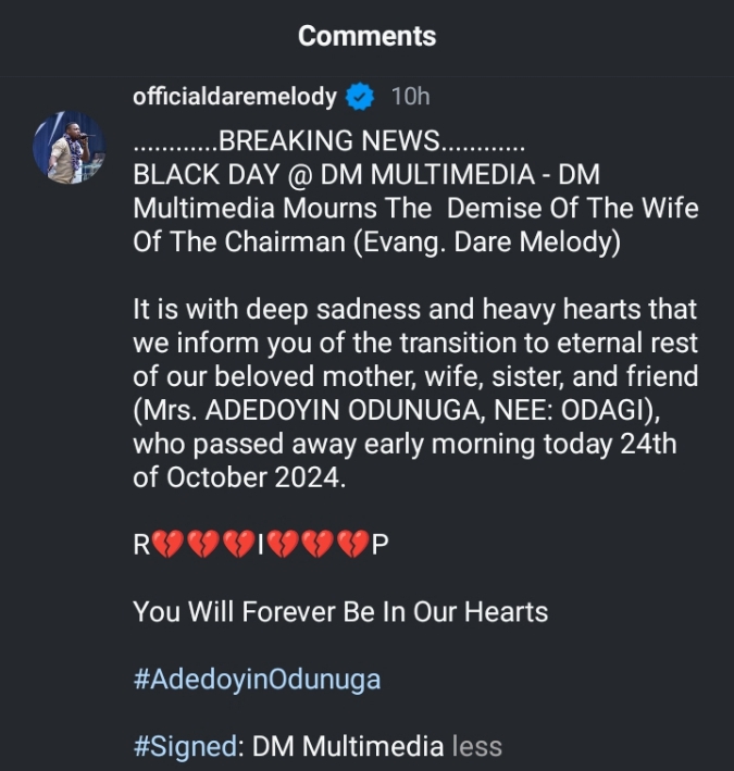 Wife of Gospel singer Dare Melody is dead