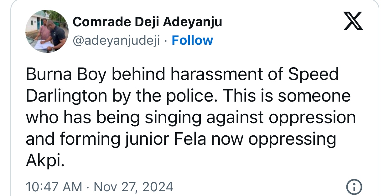 Burna Boy behind Speed Darlington’s rearrest despite forming junior Fela – Deji Adeyanju