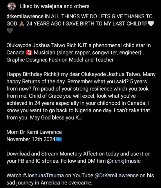 Kemi Olunloyo’s son Olukayode Taiwo opens up on life struggles as he turns 24