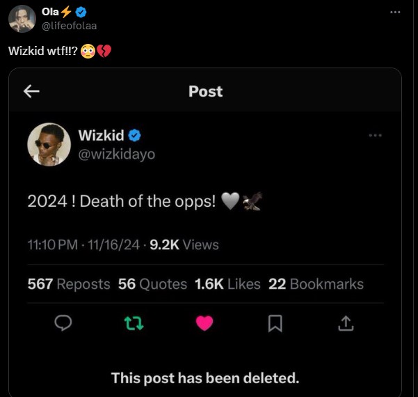 Mixed comments trail Wizkid’s horrific post regarding death of opposition in 2024