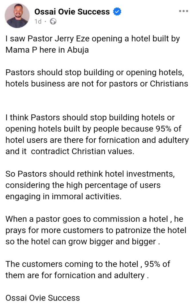 Pastor Jerry Eze faces backlash over viral video of him commissioning Patience Jonathan’s hotel in Abuja