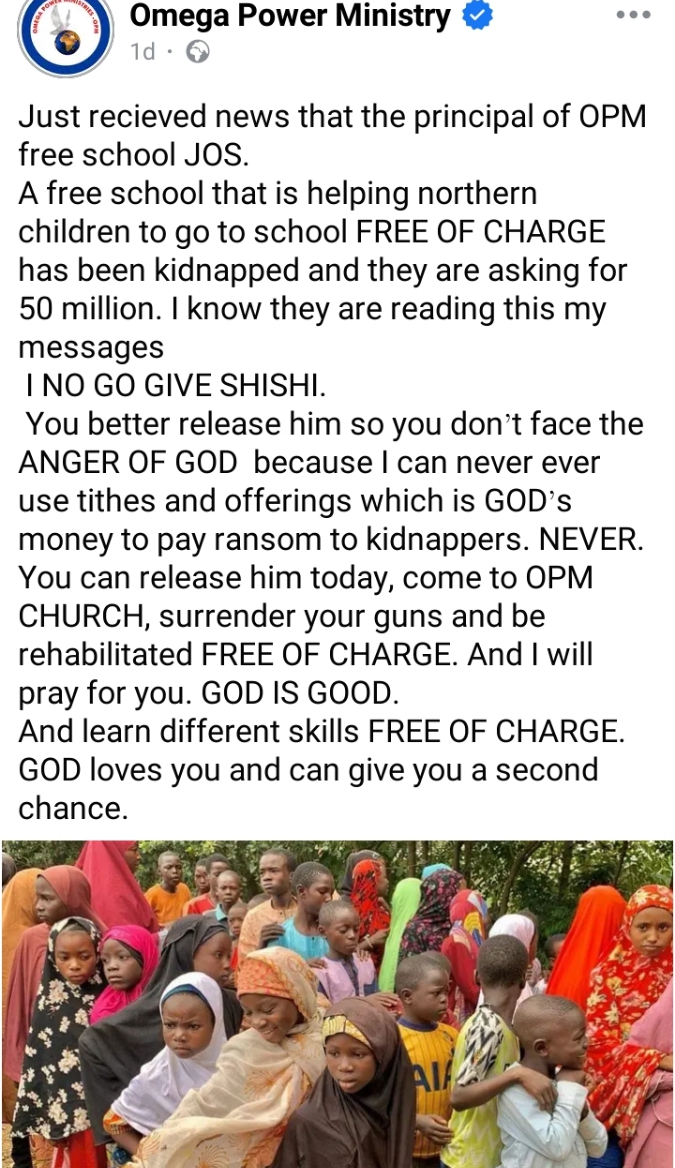 OPM’s Pastor Chibuzor sends warning to kidnappers demanding N50m ransom for abducted church school principal