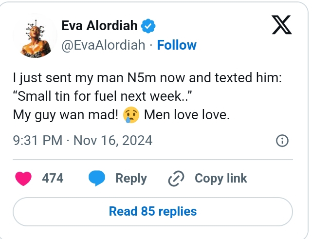 Eva Alordiah shares boyfriend’s reaction after she gifted N5 million