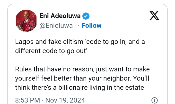 Enioluwa Adeoluwa Cries Out Over Codes To Enter Lagos Estates