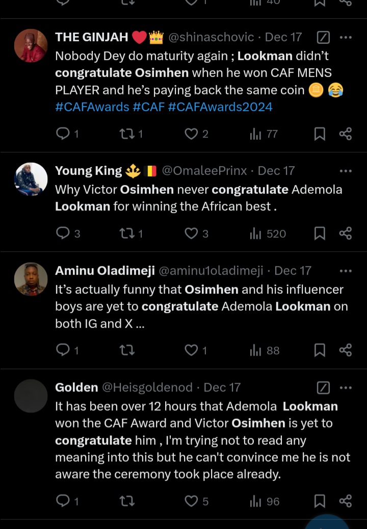 Osimhen finally speaks out on Ademola Lookman’s CAF Award win amid accusations of bad blood