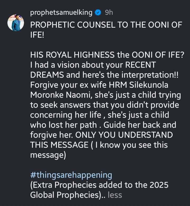 Fresh prophetic interpretation of Ooni of Ife’s alleged dream about Queen Naomi draws attention