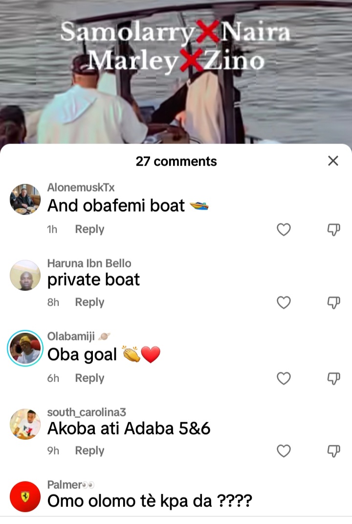 Zinoleesky’s pregnant lover joins him, Naira Marley, and Sam Larry on Obafemi Martins’ boat ride (VIDEO)