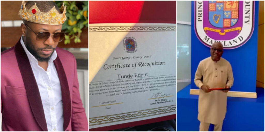 Tunde Ednut receives certificate of recognition from Prince George’s County