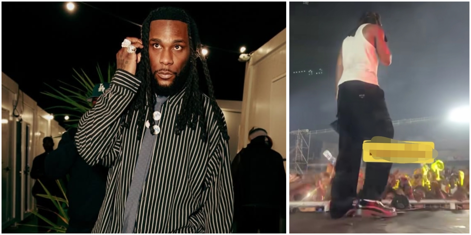 Moment Burna Boy stepped on hand of fan who tried to touch his leg during performance (Video )