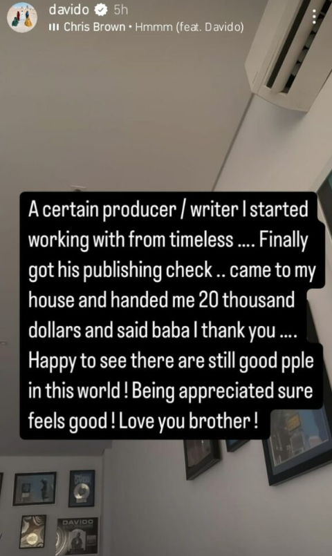 Davido shares story of receiving $20k gift from producer