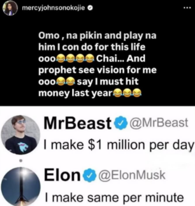 Mercy Johnson reacts to Elon Musk and Mr Beast’s earnings