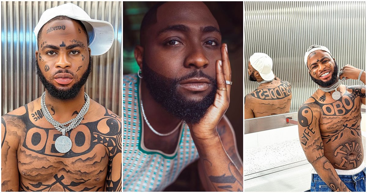 Trinity Guy sparks buzz as he inks Davido’s names all over his body, apologizes to mom