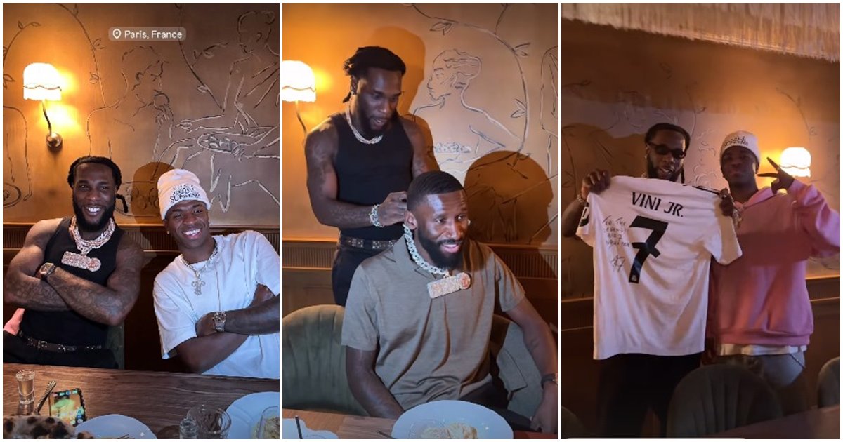 Rudiger rocks Burna Boy’s chain as he chills with Vini Jr, Camavinga, Tchouaméni, Alaba, in paris -VIDEO