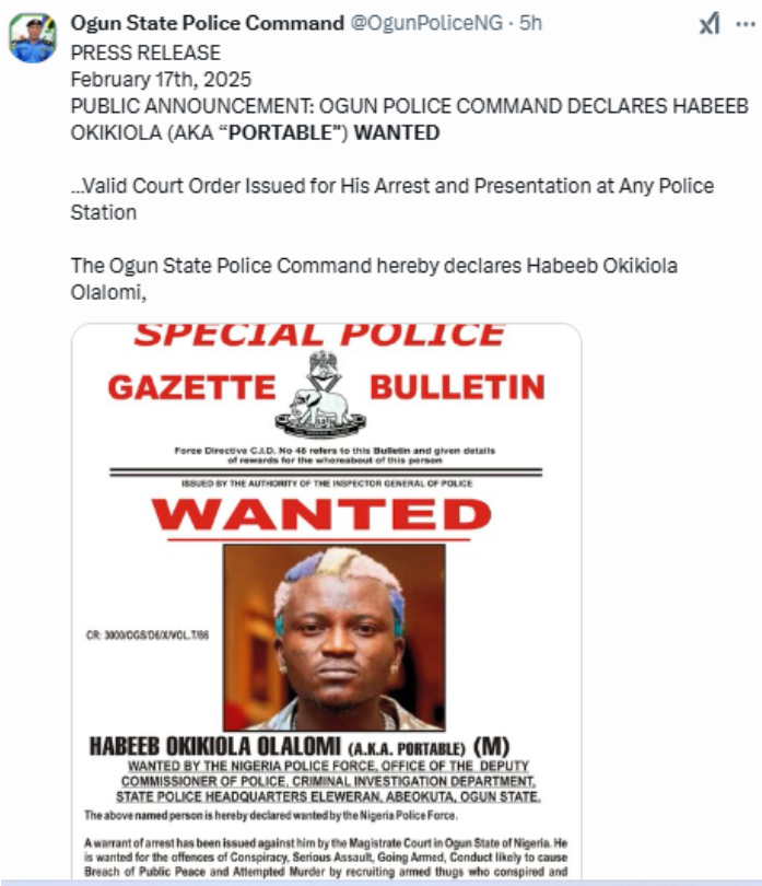 Police declare Portable wanted over assault on Ogun officials