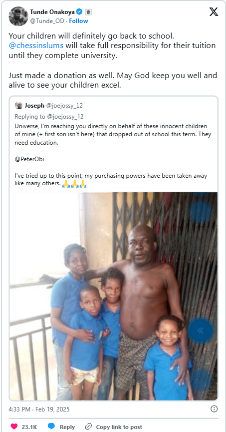 Chess Master Tunde Onakoya to sponsors physically-challenged man’s five children after they dropped out over school fees