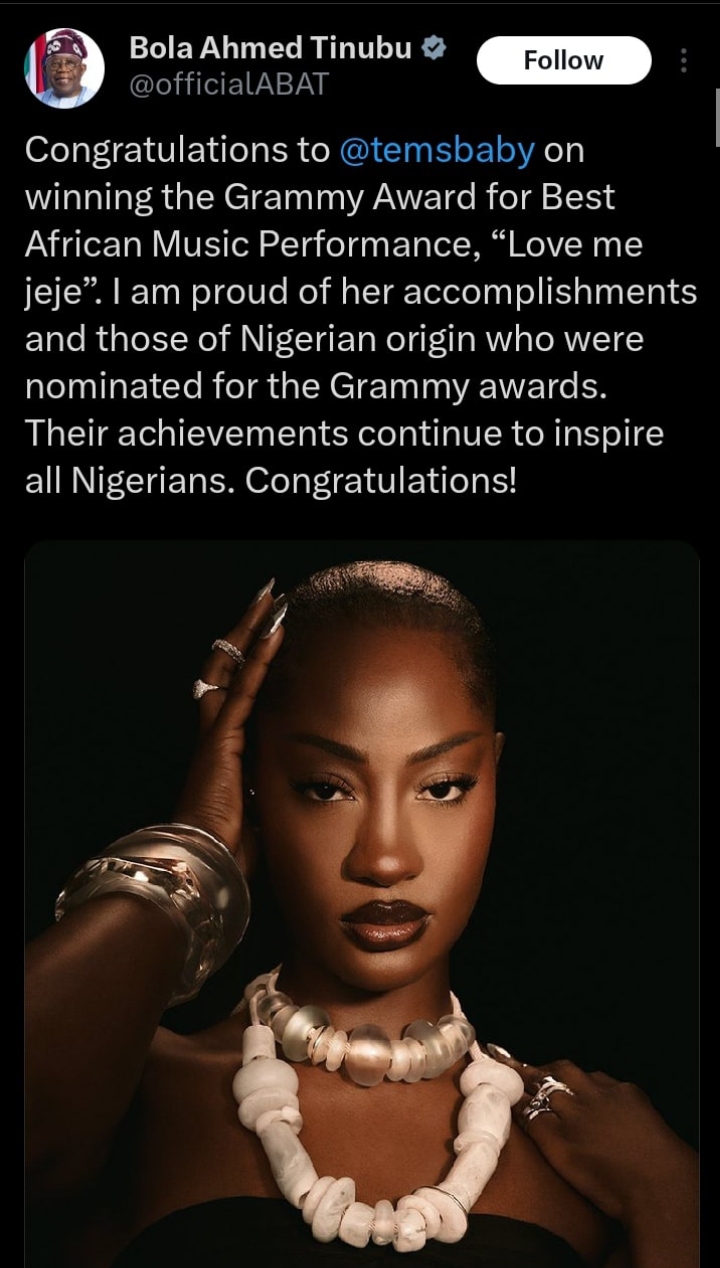 President Tinubu congratulates Tems on her Grammy win