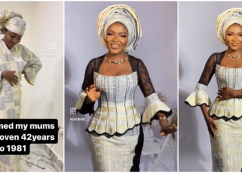 Talented lady transforms her mom 42-year-old Aso-Oke into fashionable outfit