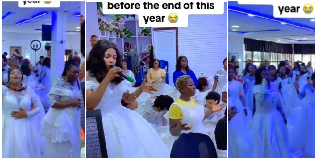 Nigerian single ladies wear wedding gowns to church in prayer for husbands