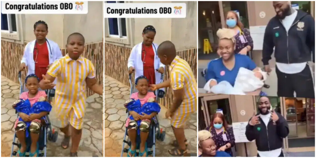 Kids recreate touching moment of Davido and Chioma leaving the hospital with twins