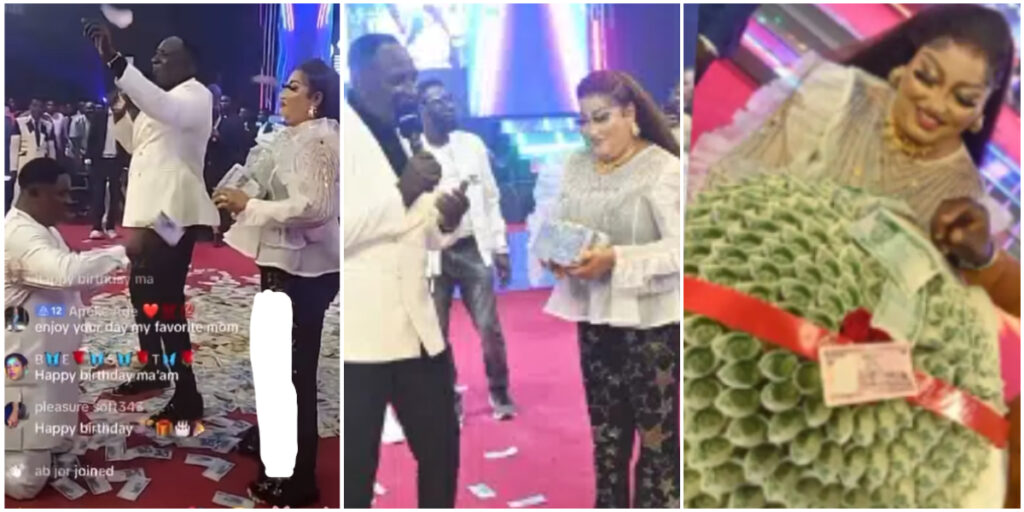 Church members make it rain money on pastor's wife's birthday during church service