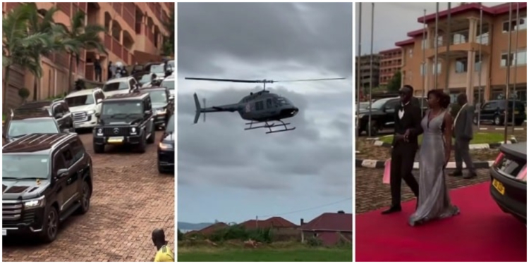 Secondary school students arrive in helicopter and convoy for graduation celebration