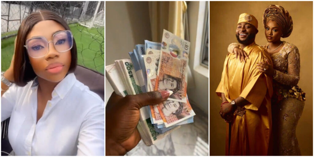 Nigerian lady shows off bundles of cash she received at Davido's wedding