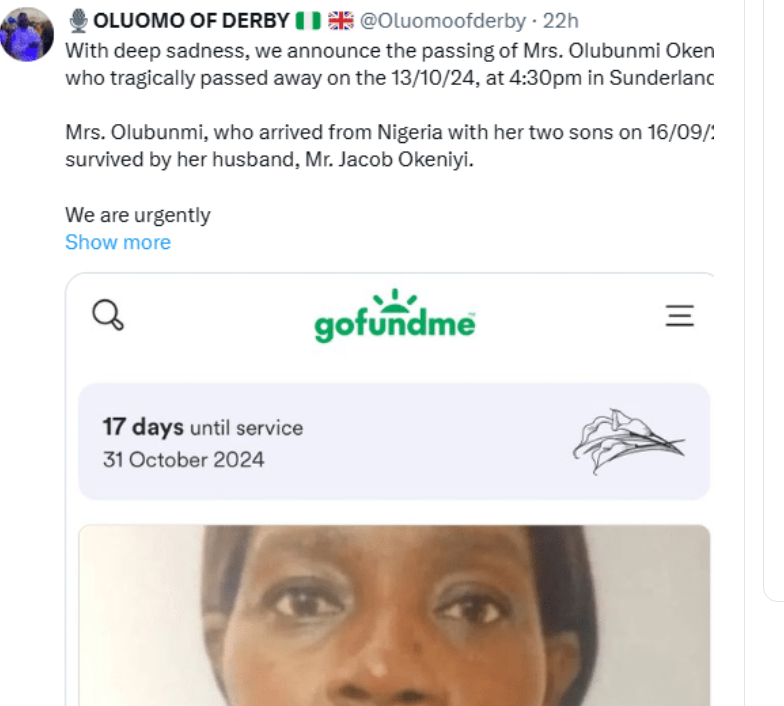 Nigerian woman passes away barely a month after relocating to UK