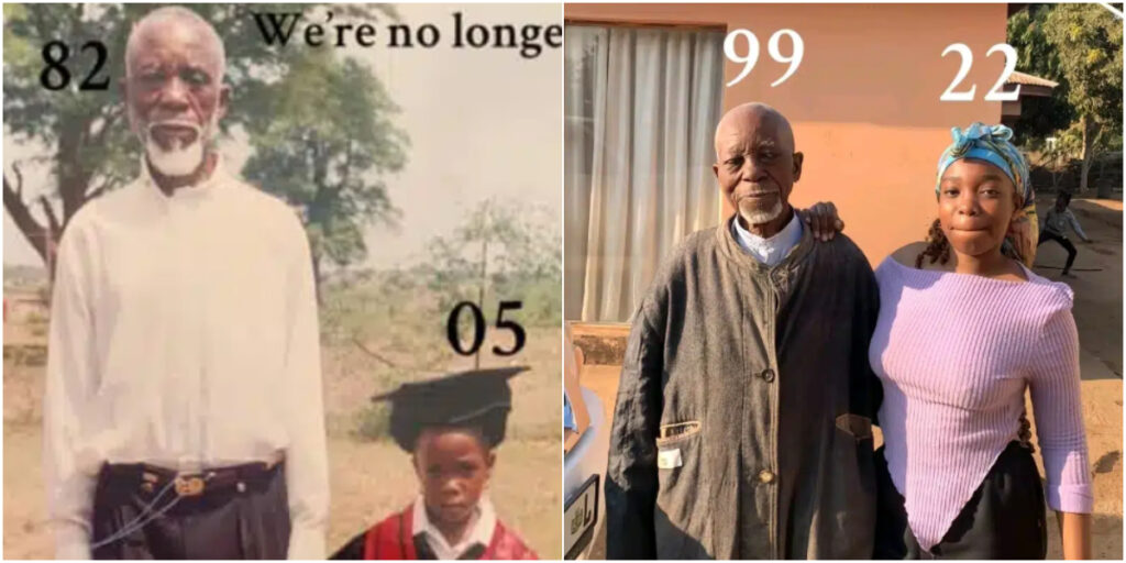 Lady recreates childhood photo with 99-year-old grandfather 17 years later