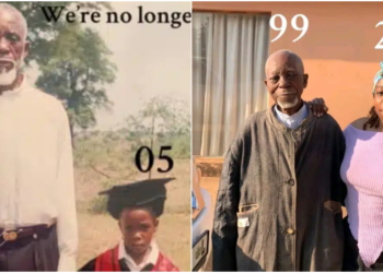 Lady recreates childhood photo with 99-year-old grandfather 17 years later