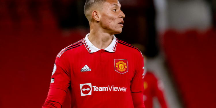 MANCHESTER, ENGLAND - MARCH 31: Mateo Mejia of Manchester United looks on during the Premier League 2 match between Manchester United and Arsenal U21's at Old Trafford on March 31, 2023 in Manchester, England. (Photo by Ash Donelon/Manchester United via Getty Images)