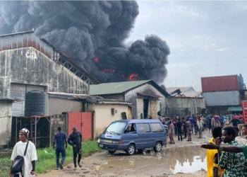 Mega Plastic, Ilupeju, Lagos on fire….PHOTO: Phillip Chime.