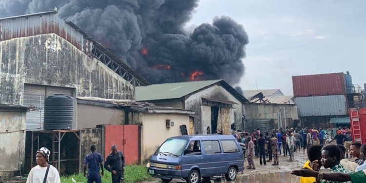 Mega Plastic, Ilupeju, Lagos on fire….PHOTO: Phillip Chime.