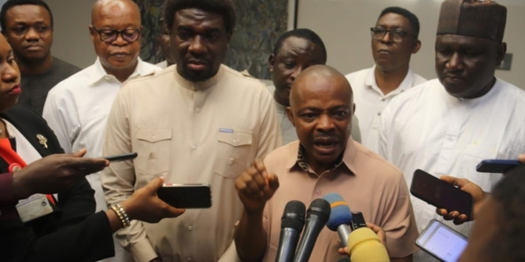 President, Nigeria Labour Congress (NLC), Joe Ajaero (middle) during a press briefing shortly after the Federal Government’s meeting with NLC/TUC over subsidy removal at the Presidential Villa, Abuja.