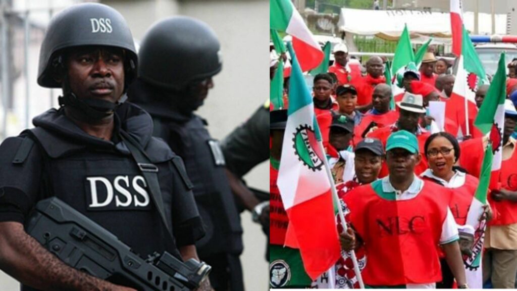 A photo collage of a DSS officer and NLC members during a protest action