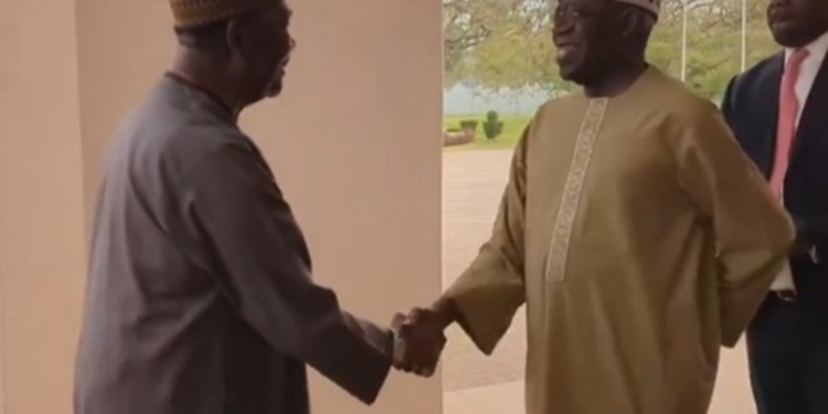 President Bola Tinubu exchanges pleasantries with the former Head of State, General Yakubu Gowon (retd) during a meeting at the Presidential Villa, Abuja.