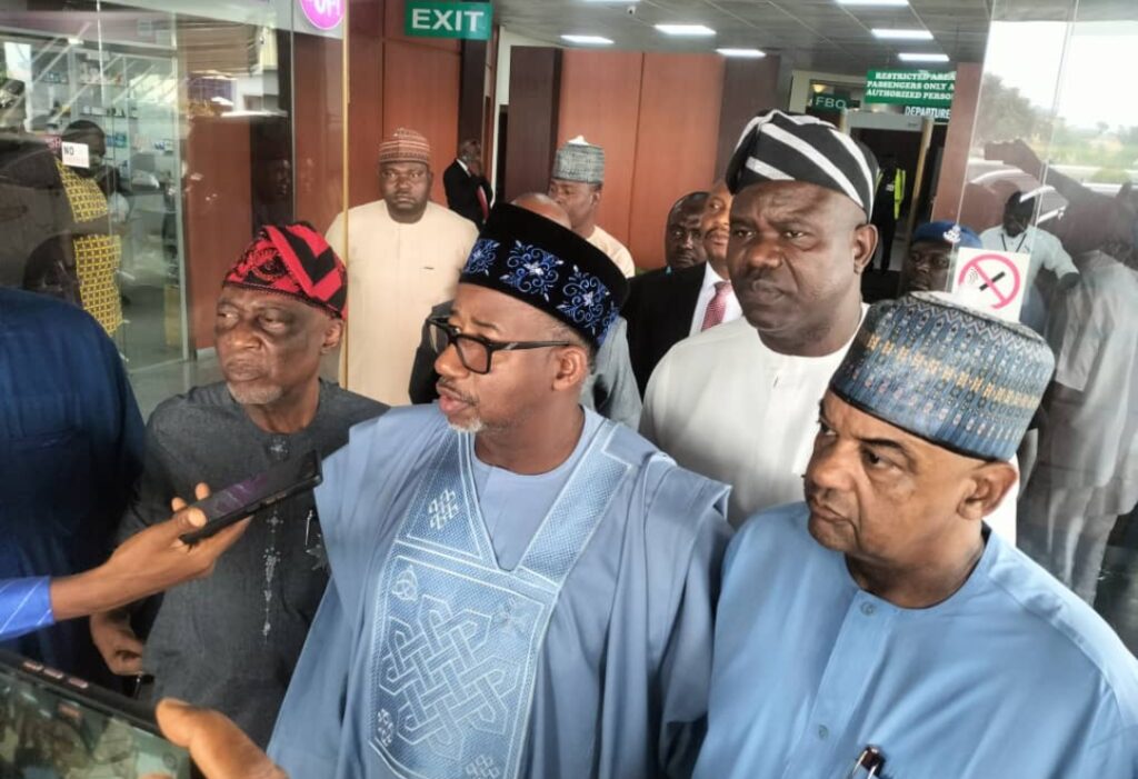 Bauchi governor, Bala Mohammed and Ag. PDP National Chairman, Umar Damagum speaking to journalists at the Nnamdi Azikwe Airport on Tuesday