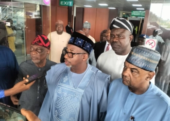 Bauchi governor, Bala Mohammed and Ag. PDP National Chairman, Umar Damagum speaking to journalists at the Nnamdi Azikwe Airport on Tuesday