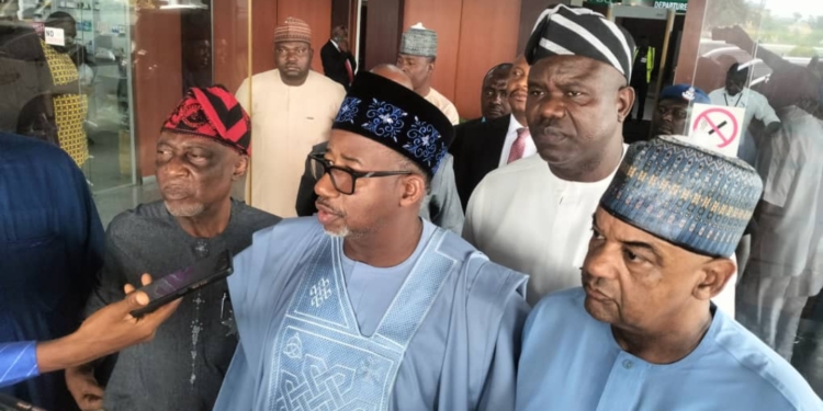 Bauchi governor, Bala Mohammed and Ag. PDP National Chairman, Umar Damagum speaking to journalists at the Nnamdi Azikwe Airport on Tuesday