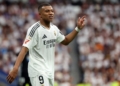 Real Madrid's French forward #09 Kylian Mbappe reacts during the Spanish league football match between Real Madrid CF and Real Valladolid FC at the Santiago Bernabeu stadium in Madrid on August 25, 2024. (Photo by Pierre-Philippe MARCOU / AFP)