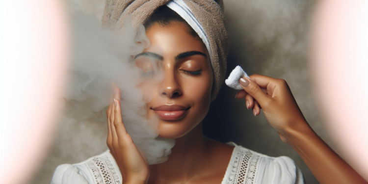 A woman with a towel draped over her head, enjoying a DIY steam facial at home.