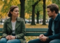 Couple discussing future plans on a park bench