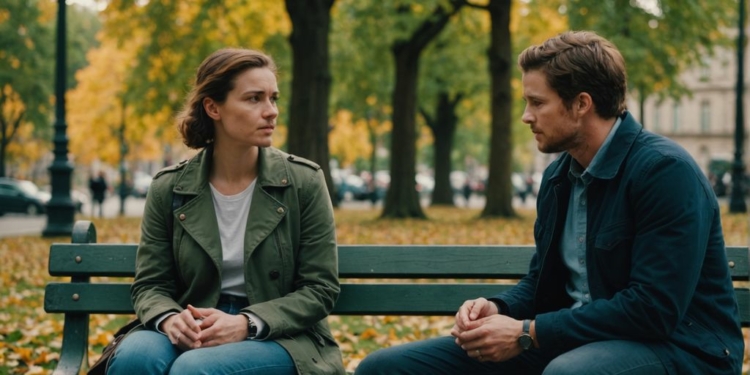 Couple discussing future plans on a park bench