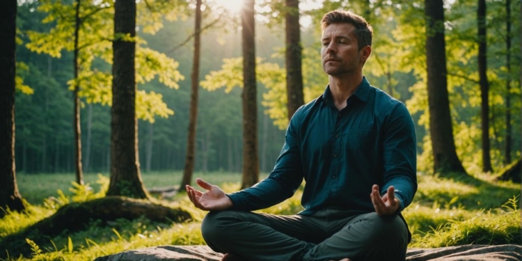 Individual meditating outdoors to avoid burnout and stress