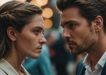 Couple with intense eye contact, close but not touching