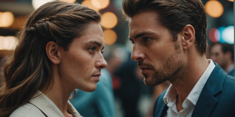 Couple with intense eye contact, close but not touching