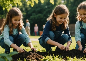 Kids happily planting trees in a sunny garden