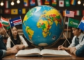 People holding language books and flags around a globe