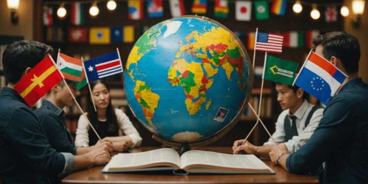 People holding language books and flags around a globe