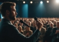 Confident speaker on stage, audience clapping enthusiastically